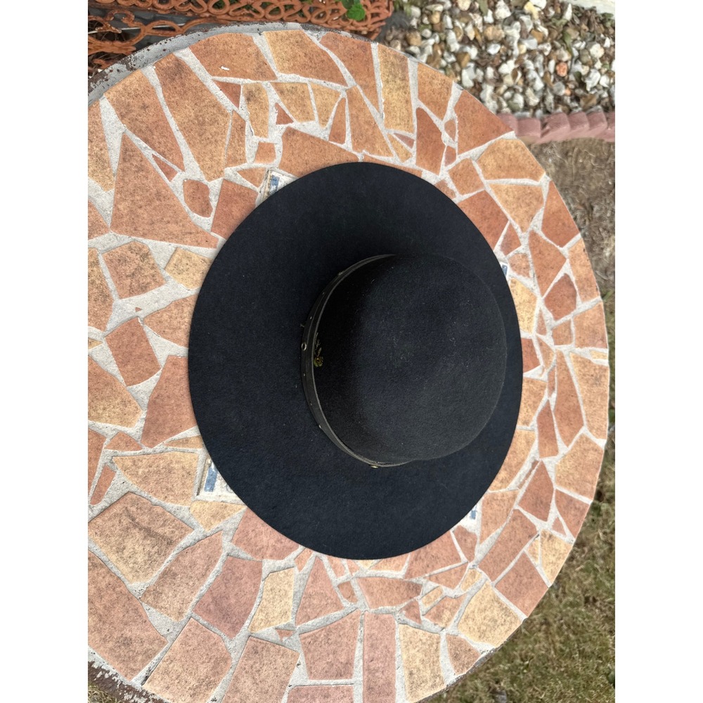 Frye Womens Black Wool Wide Brim Hat Flat Top Grommet Leather Band Fedora Boho